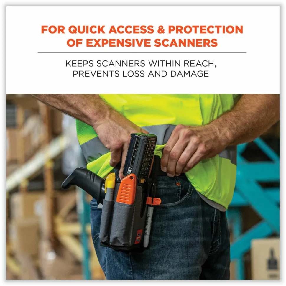 ergodyne Squids 5541 Handheld Barcode Scanner Holster with Belt Clip, 2 Compartments, 2.75 x 3.5 x 7.3, Polyester,Gray