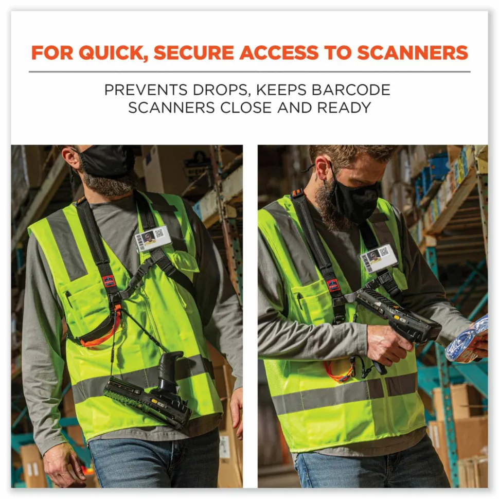 ergodyne Squids 3138 Padded Barcode Scanner Lanyard Harness, 27" Arm Straps,18.5" Lanyard,Black/Orange/Gray