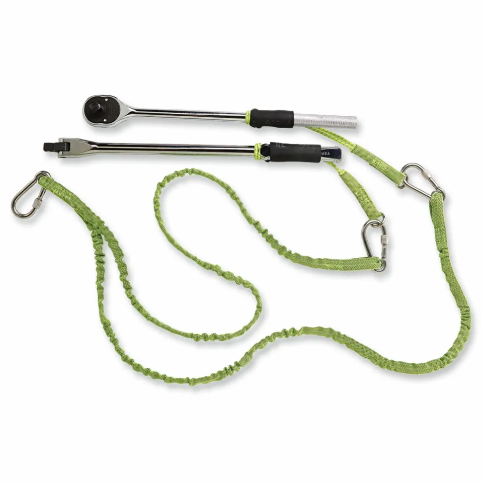 ergodyne Squids 3311 Twin-Leg Tool Lanyard with Three Carabiners, 15lb Max Working Capacity, 35" to 42" Long, Lime