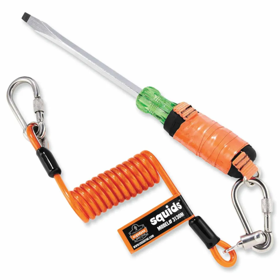 ergodyne Squids 3130M Coiled Cable Lanyard with Carabiners, 5 lb Max Working Capacity, 6.5" to 48" Long, Orange
