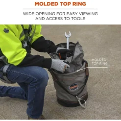 ergodyne Arsenal 5974 Hoist Bucket Tool Bag with Swiveling Carabiner and Zipper Top, 150 lb, Gray