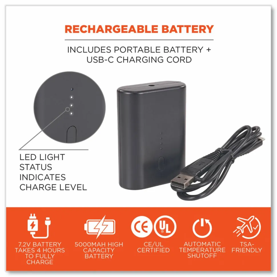 ergodyne N-Ferno 6495B Portable Battery Power Bank with USB-C Cord, 7.2 V