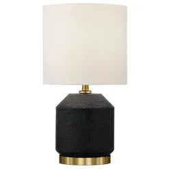 Esther 15" Tall Textured Ceramic Mini Lamp with Fabric Shade in Matte Black/Antique Brass/White