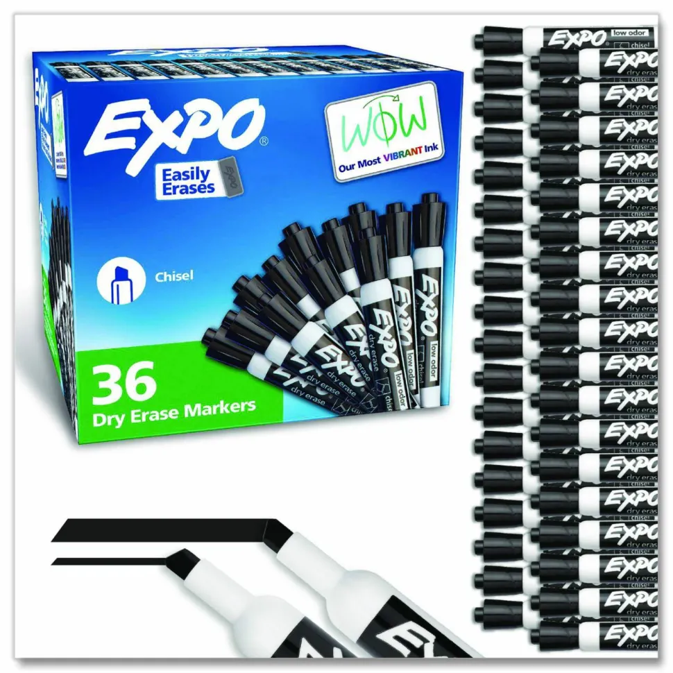 EXPO Low-Odor Dry-Erase Marker Value Pack, Broad Chisel Tip, Black, 36/Box