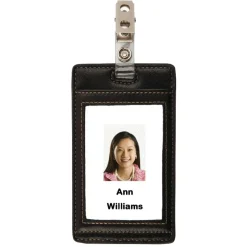 Faux Leather ID Badge Holder, Vertical, Black/Tan