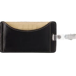 Faux Leather ID Badge Holder, Vertical, Black/Tan