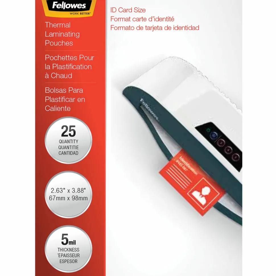 Fellowes Laminating Pouches, 5 mil., 3.88" x 2.63", Gloss Clear, 25/Pack