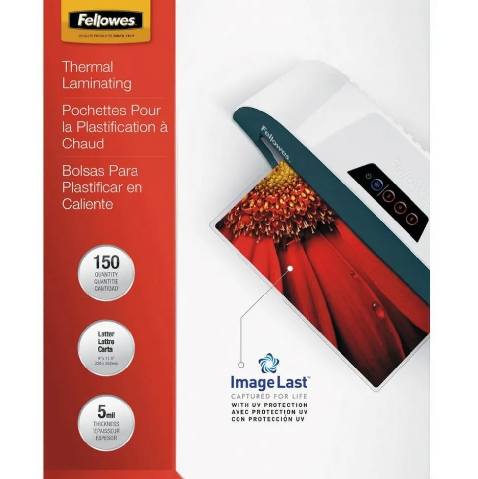 Fellowes Laminating Pouches, Glossy, 5 mil Thick, Clear, Pack Of 150