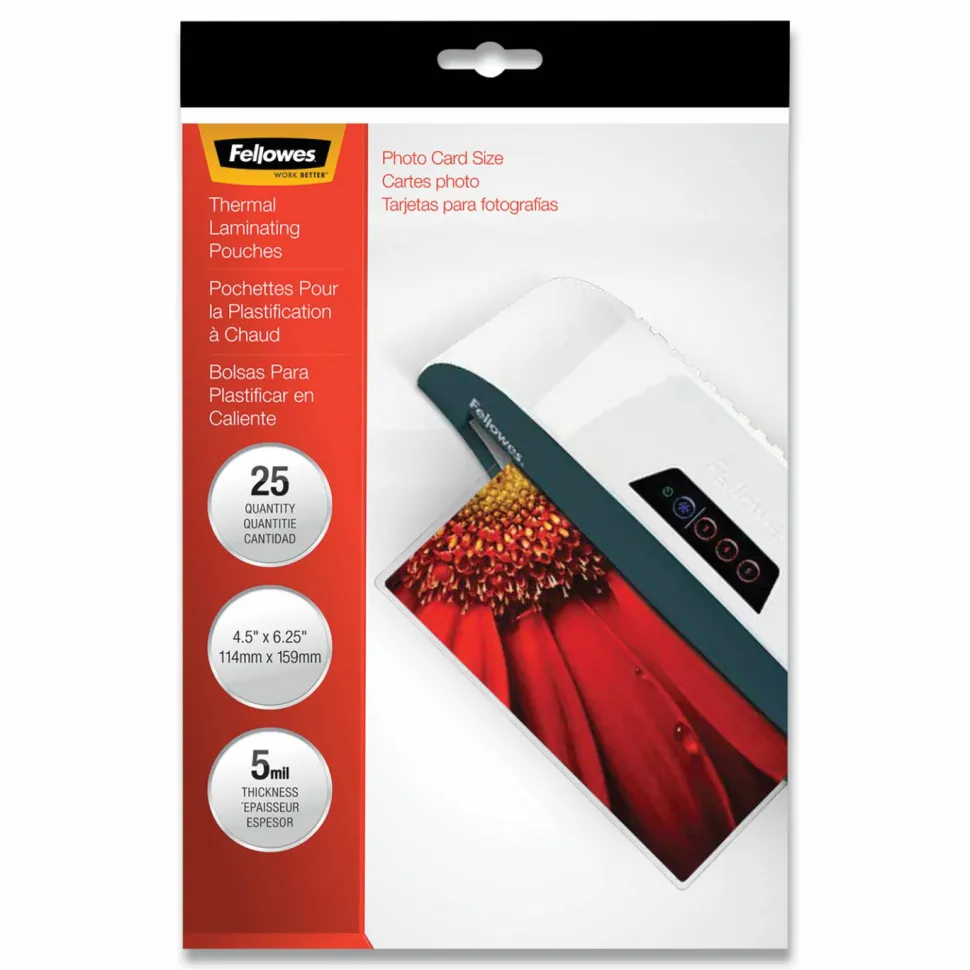 Fellowes Laminating Pouches, 5 mil, 4.5" x 6.25", Gloss Clear, 20/Pack