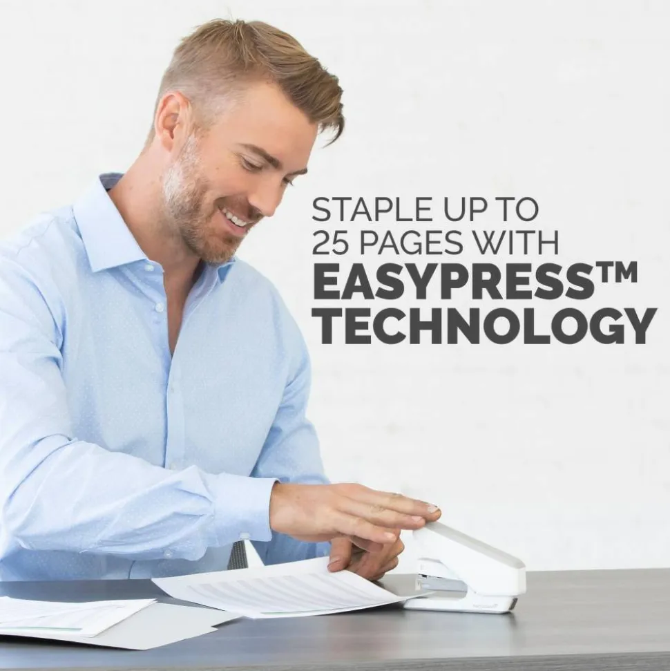 Fellowes LX840 EasyPress Half Strip Stapler with Antimicrobial Protection, 25-Sheet Capacity, White