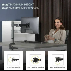 Fellowes Reflex Series Adjustable Monitor Arm for Desk, Supports 32-Inch Monitors, Ergonomic Single Monitor Stand with VESA Mount, Easy Setup with Grommet or Clamp
