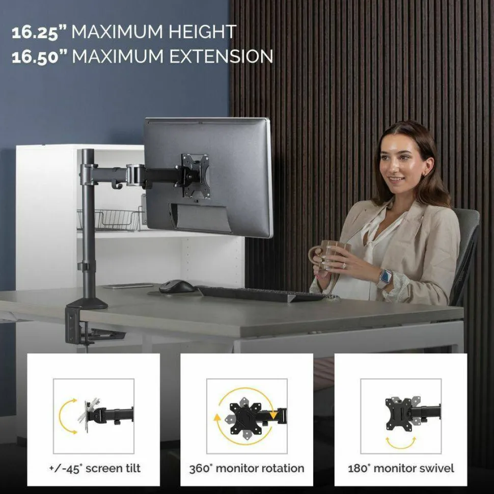 Fellowes Reflex Series Adjustable Monitor Arm for Desk, Supports 32-Inch Monitors, Ergonomic Single Monitor Stand with VESA Mount, Easy Setup with Grommet or Clamp