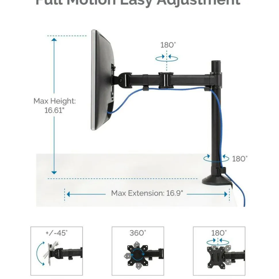 Fellowes Reflex Series Adjustable Monitor Arm for Desk, Supports 32-Inch Monitors, Ergonomic Single Monitor Stand with VESA Mount, Easy Setup with Grommet or Clamp
