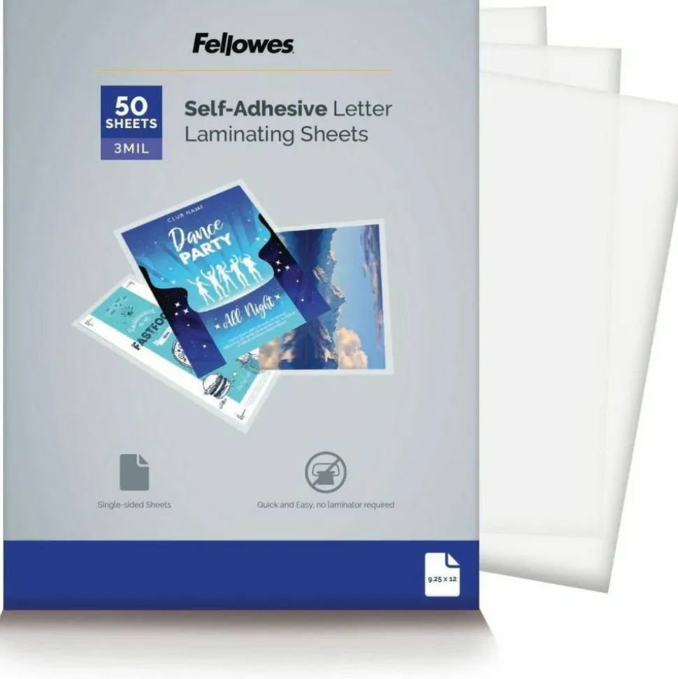 Fellowes Self-Adhesive Laminating Sheets, 9.25" x 12", 3 mil, Clear, Pack Of 50