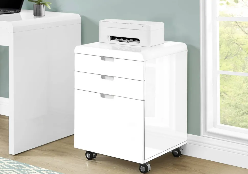 File Cabinet, Rolling Mobile, Storage Drawers, Printer Stand, Office, Work, Glossy White Laminate, Contemporary, Modern