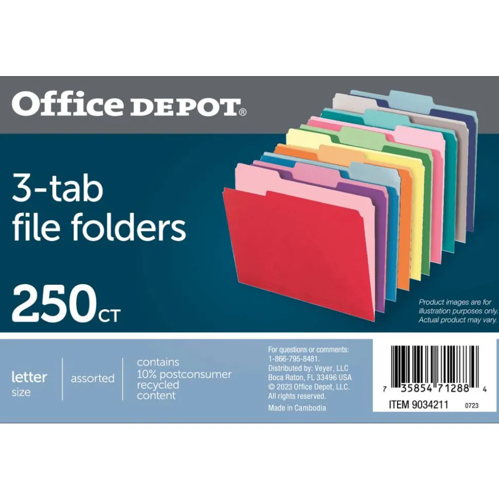 File Folders, 1/3 Cut, Letter Size, Assorted Colors, Box Of 250 Folders