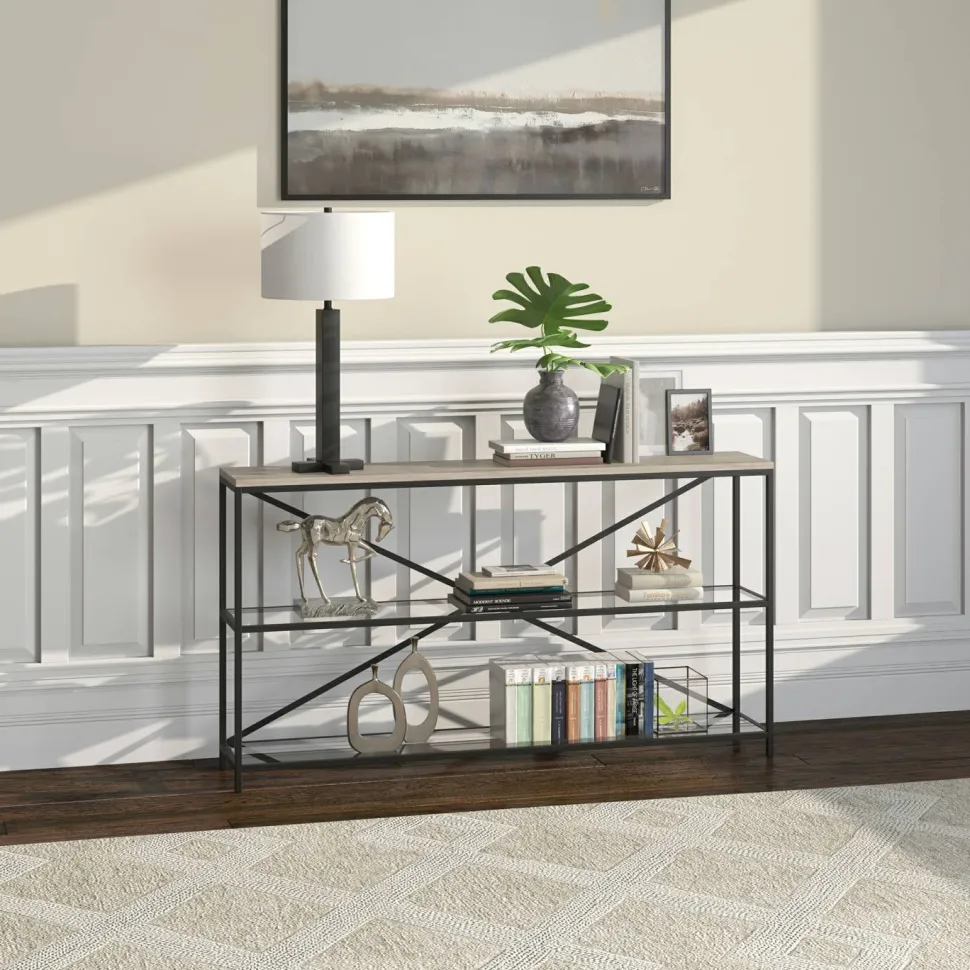 Fionn 55" Wide Rectangular Console Table in Blackened Bronze/Antiqued Gray Oak