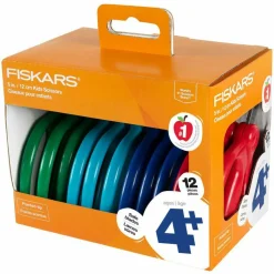 Fiskars Kids Scissors Classpack, Pointed Tip, 5" Long, 1.75" Cut-Length, Straight Assorted Color Handles, 12/Pack