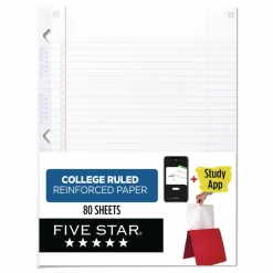 Five Star Reinforced Filler Paper Plus Study App, 3-Hole, 8.5 x 11, College Rule, 80/Pack