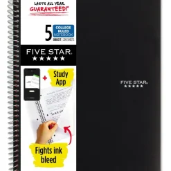 Five Star Wire-Bound Notebook, 8-1/2" x 11", 5 Subject, College Ruled, 200 Sheets, Black