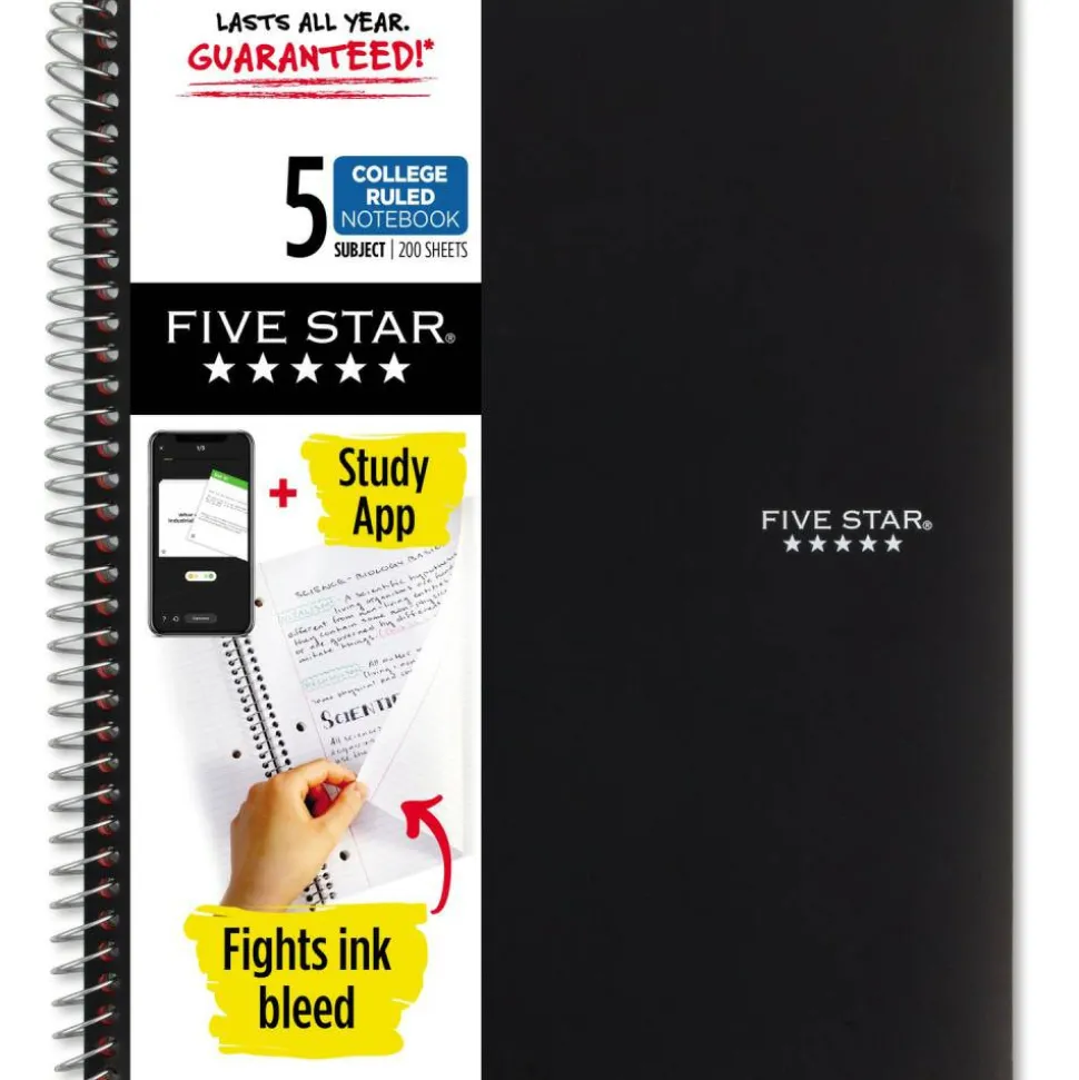 Five Star Wire-Bound Notebook, 8-1/2" x 11", 5 Subject, College Ruled, 200 Sheets, Black