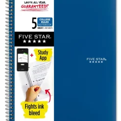 Five Star Wire-Bound Notebook, 8-1/2" x 11", 5 Subject, College Ruled, 200 Sheets, Pacific Blue