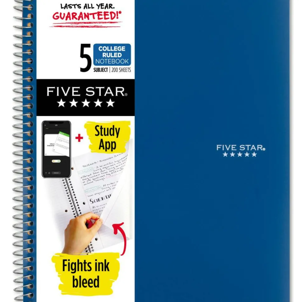 Five Star Wire-Bound Notebook, 8-1/2" x 11", 5 Subject, College Ruled, 200 Sheets, Pacific Blue