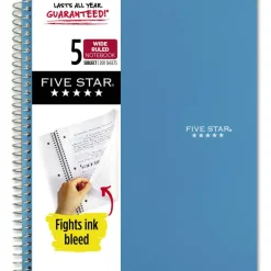 Five Star Wirebound Notebook, 8" x 10-1/2", 5 Subject, Wide Ruled, 200 Sheets, Tidewater Blue