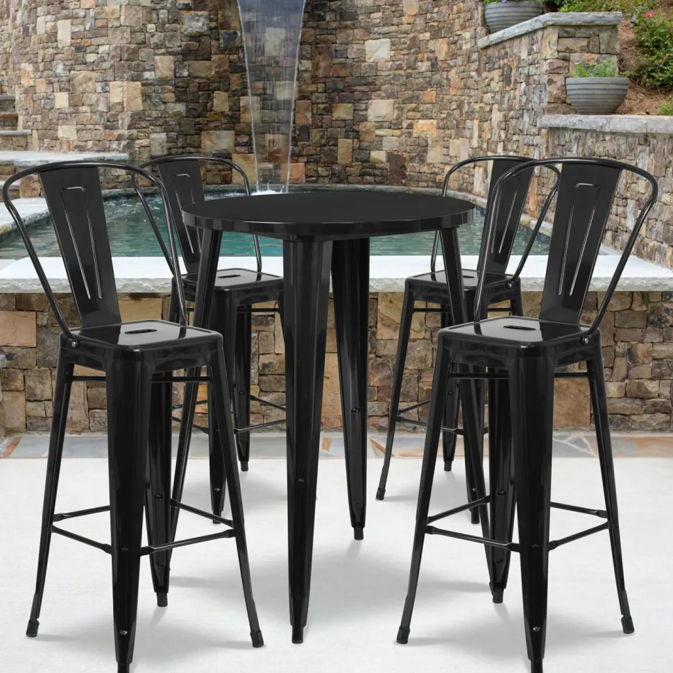 Flash Furniture 30'' Round Black Metal Indoor-Outdoor Bar Table Set with 4 Cafe Barstools