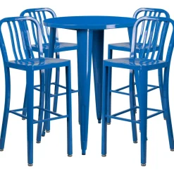 Flash Furniture 30'' Round Blue Metal Indoor-Outdoor Bar Table Set with 4 Vertical Slat Back Barstools