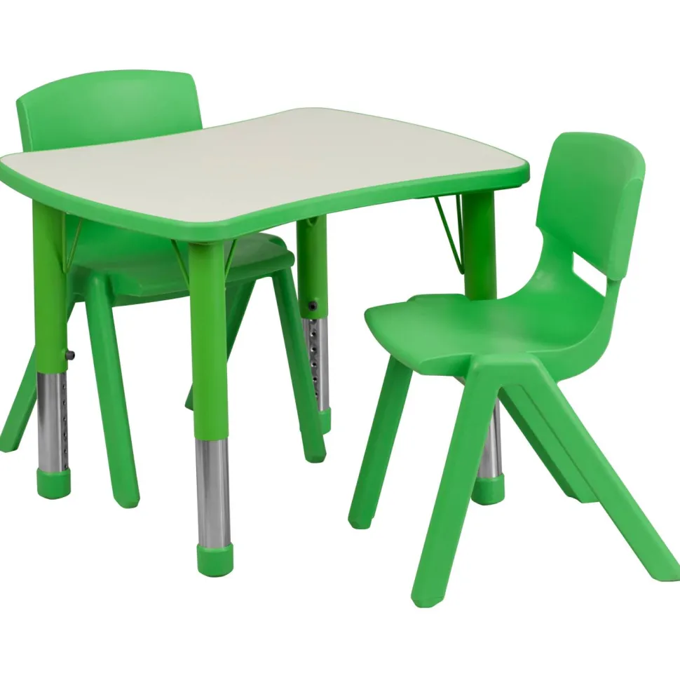 Flash Furniture 21.875''W x 26.625''L Adjustable Rectangular Green Plastic Activity Table Set with 2 School Stack Chairs