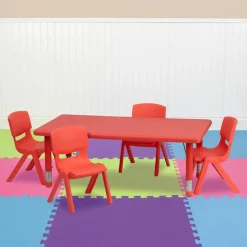Flash Furniture 24''W x 48''L Adjustable Rectangular Red Plastic Activity Table Set with 4 School Stack Chairs