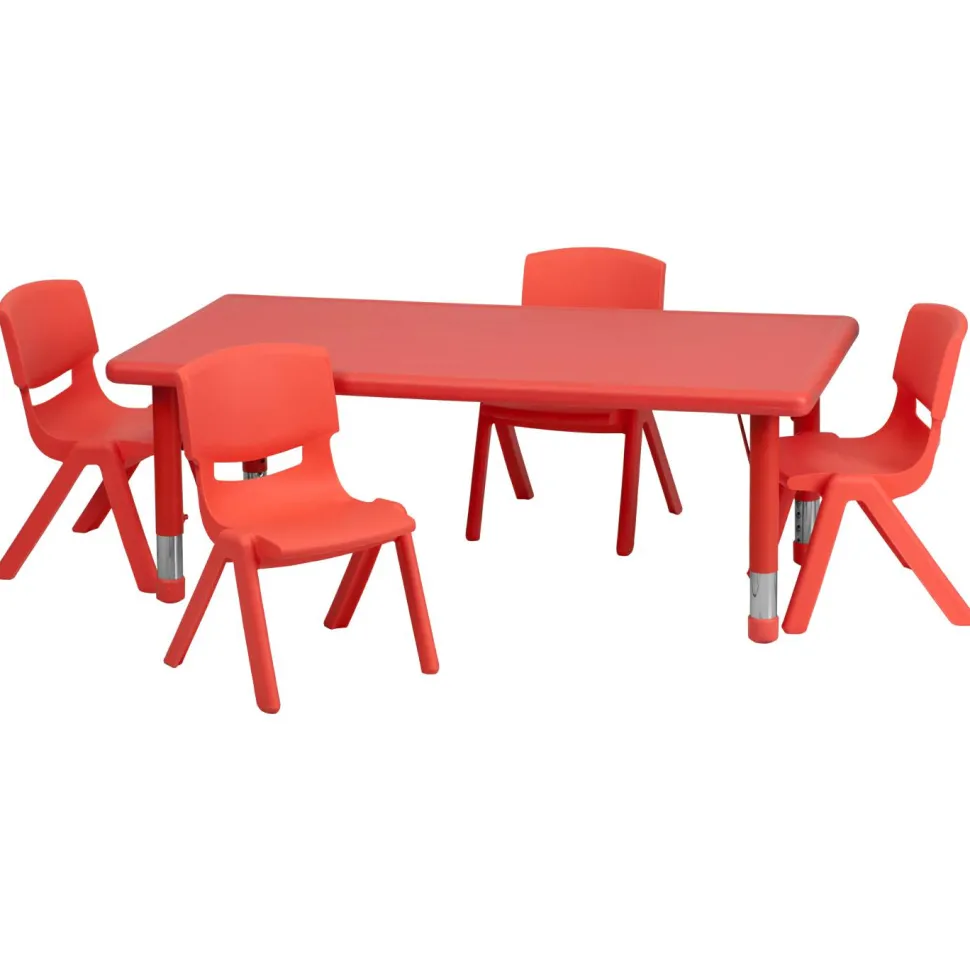 Flash Furniture 24''W x 48''L Adjustable Rectangular Red Plastic Activity Table Set with 4 School Stack Chairs