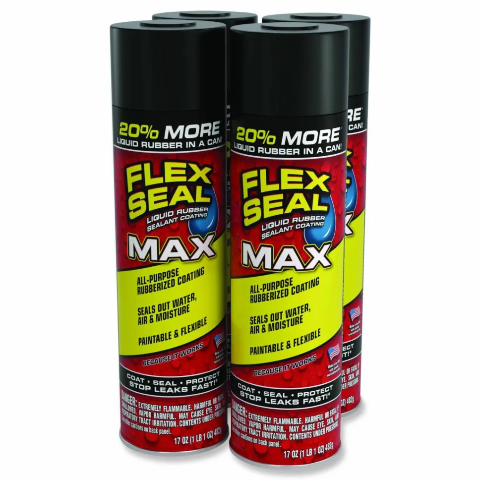 Flex Seal Products Flex Seal Liquid Rubber Sealant Coating MAX Aerosol, 17 oz Aerosol Can, Dries Black, 4/Carton