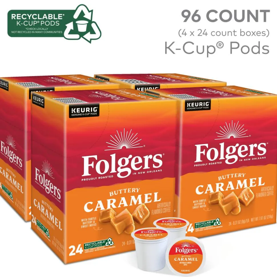 Folgers Buttery Caramel Keurig Single Serve K-Cup Pods, 24 Pods Per Pack, Case Of 4 Packs