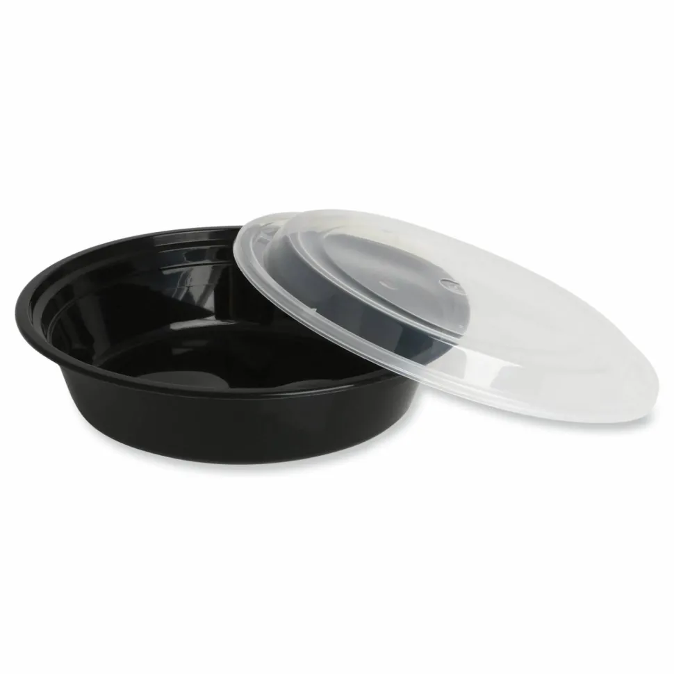 GEN Microwavable Food Container with Lid, Round, 24 oz, 7.28 x 7.28 x 1.96, Black/Clear, Plastic, 150/Carton