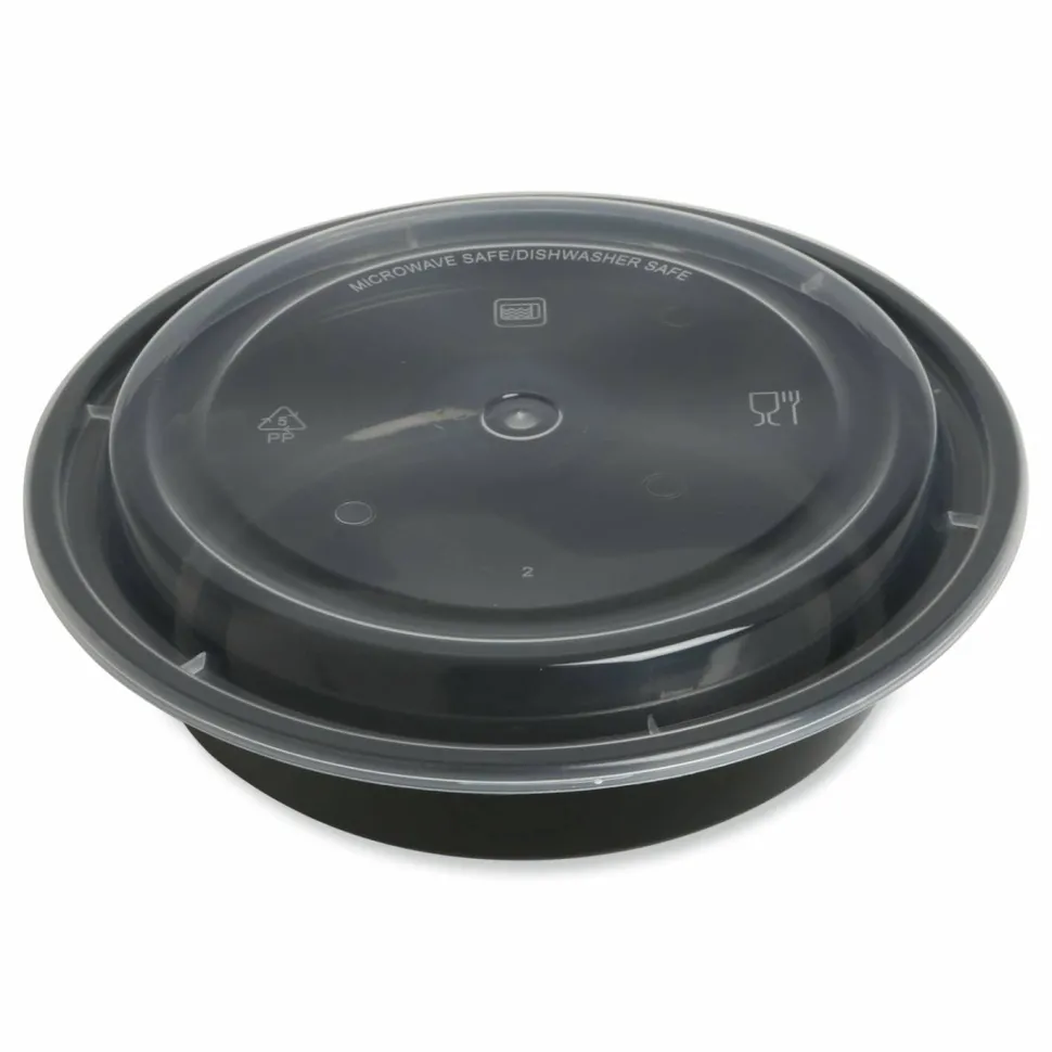 GEN Microwavable Food Container with Lid, Round, 24 oz, 7.28 x 7.28 x 1.96, Black/Clear, Plastic, 150/Carton