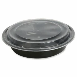 GEN Microwavable Food Container with Lid, Round, 48 oz, 8.85 x 8.85 x 2.24, Black/Clear, Plastic, 150/Carton