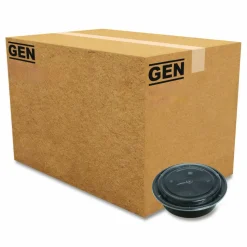 GEN Microwavable Food Container with Lid, Round, 48 oz, 8.85 x 8.85 x 2.24, Black/Clear, Plastic, 150/Carton