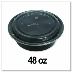 GEN Microwavable Food Container with Lid, Round, 48 oz, 8.85 x 8.85 x 2.24, Black/Clear, Plastic, 150/Carton