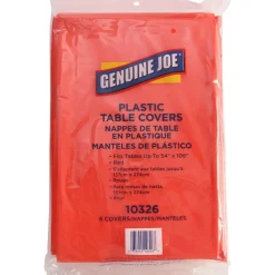 Genuine Joe Plastic Rectangular Table Covers, 108" Length x 54" Width, Plastic, Red, 6 Per Pack, 4 Packs