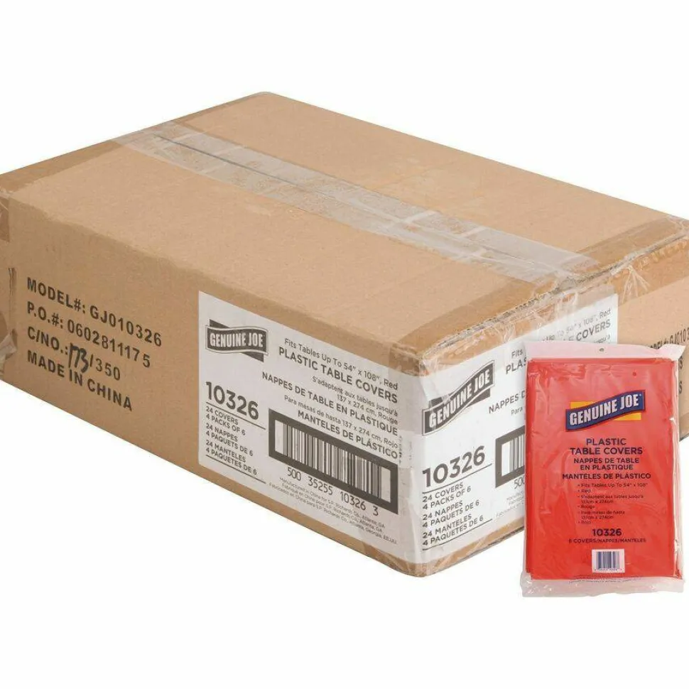 Genuine Joe Plastic Rectangular Table Covers, 108" Length x 54" Width, Plastic, Red, 6 Per Pack, 4 Packs