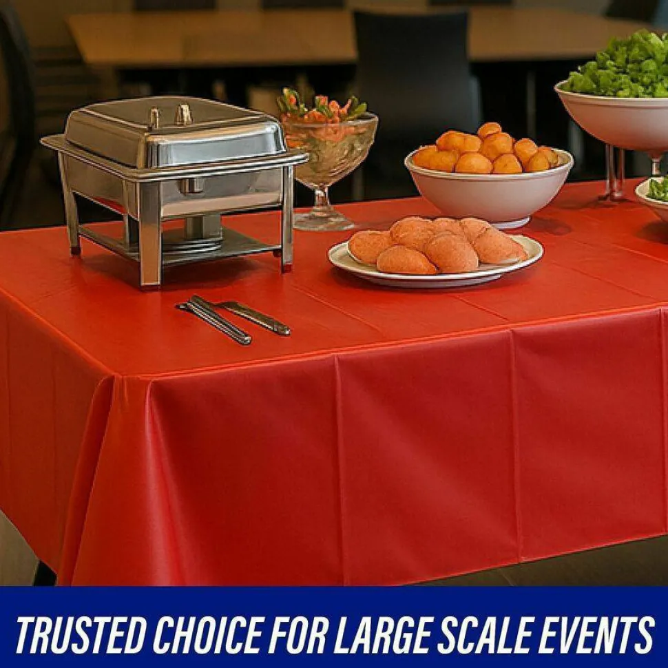 Genuine Joe Plastic Rectangular Table Covers, 108" Length x 54" Width, Plastic, Red, 6 Per Pack, 4 Packs
