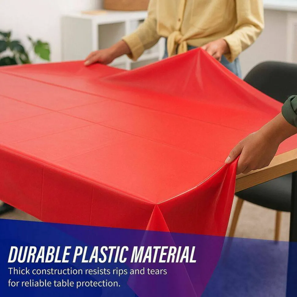 Genuine Joe Plastic Rectangular Table Covers, 108" Length x 54" Width, Plastic, Red, 6 Per Pack, 4 Packs