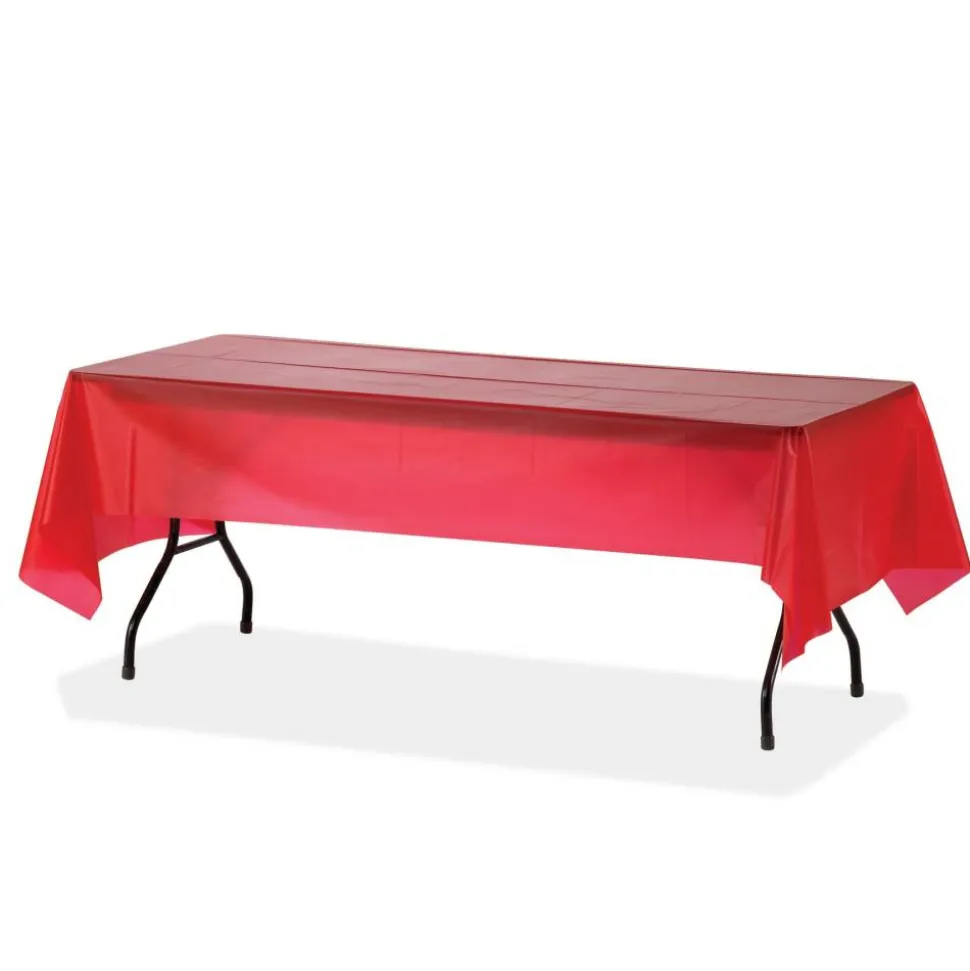 Genuine Joe Plastic Rectangular Table Covers, 108" Length x 54" Width, Plastic, Red, 6 Per Pack, 4 Packs