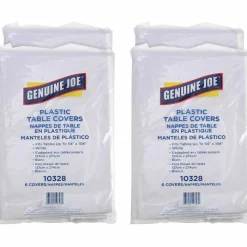 Genuine Joe Plastic Rectangular Table Covers, 108" Length x 54" Width, Plastic, White, 6 Per Pack, 4 Packs