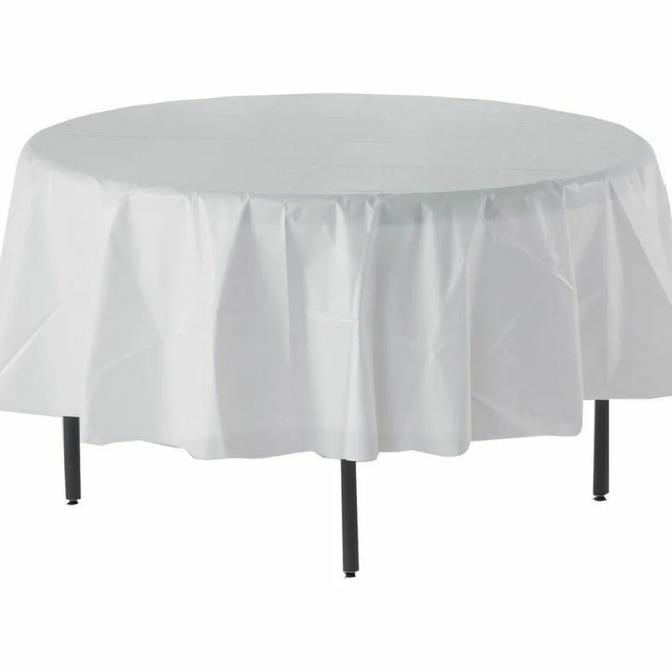 Genuine Joe Plastic Round Table Covers, 48"-60" Diameter, White, Pack Of 6