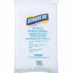 Genuine Joe Plastic Round Table Covers, 48"-60" Diameter, White, Pack Of 6