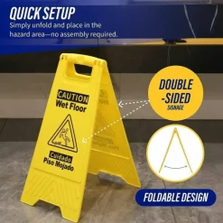 Genuine Joe Universal Graphic Wet Floor Sign - English, Spanish - Print/Message "Wet Floor" - Foldable - Yellow - 1 Each