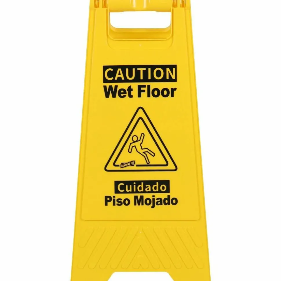 Genuine Joe Universal Graphic Wet Floor Sign - English, Spanish - Print/Message "Wet Floor" - Foldable - Yellow - 1 Each